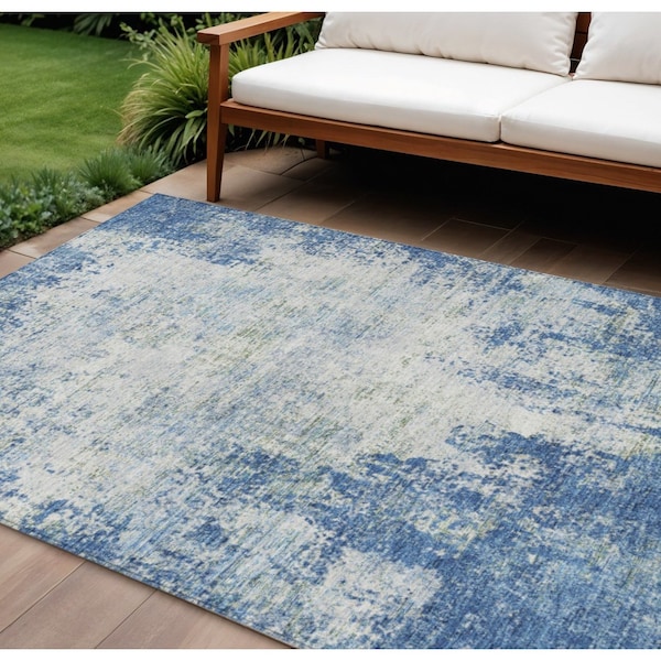 Homeroots 9' X 12' Denim Blue And Ivory Abstract Washable Indoor Outdoor Area Rug 612320 - main