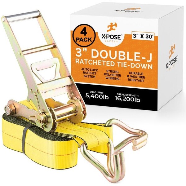 Xpose Safety Ratchet Straps Heavy Duty, 3 In x 30 FT Tie Down Straps Ratchet Operated with Double J Hooks, 4-PK RTD330-DJH-4-X-S - main