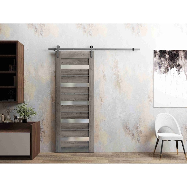 Sartodoors Sturdy Barn Door 18 x 80in, Nebraska Grey W/ Frosted Glass, SS 6.6FT Rail Hangers Heavy Set QUADRO4445BD-S-NEB-18 - main
