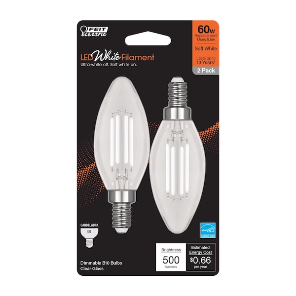 Feit Electric Feit White BA10 E12 (Candelabra) Filament LED Bulb Soft White 60 Watt Equivalence 2 pk BPCTC60927WFIL2 - main