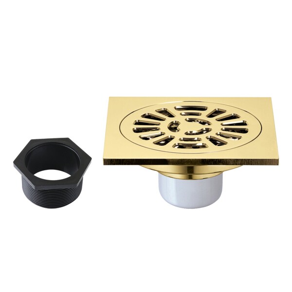 Kingston Brass 4" Brass Square Grid Shower Drain with Hair Strainer, Polished Brass BSF4267PB - main