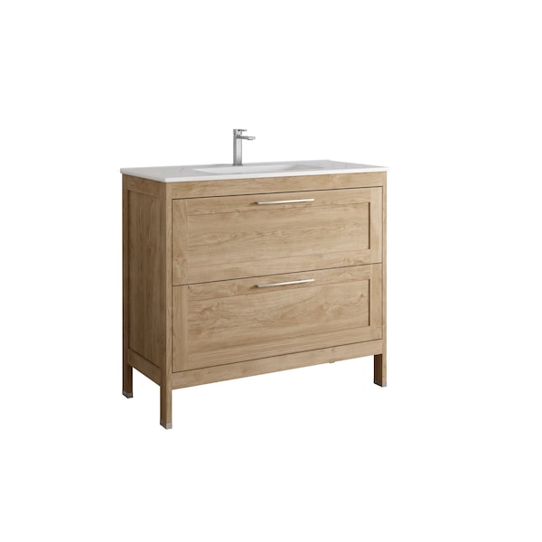 Homeroots 40" Oak Wood Freestanding Bathroom Vanity With White Sink And Two Drawers 627404 - main
