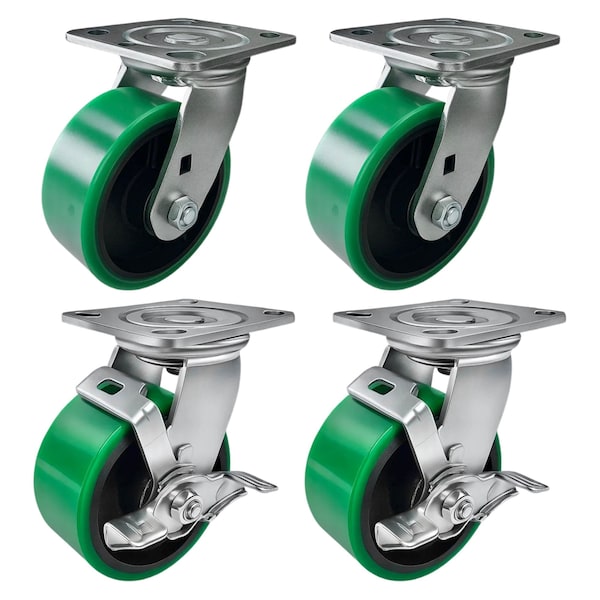Hyw Products Heavy Duty Caster Set 5in Green Polyurethane on Cast Iron Wheels, 2 Swivel & 2 Swivel w/ Brake, 4PK 40-50S-A1-PC-2,40-50S-A1-PC-TB-2 (G) - main