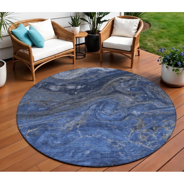 Homeroots 8' Denim Blue And Sky Blue Round Abstract Washable Indoor Outdoor Area Rug 577819 - main