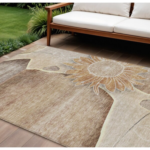 Homeroots 10' X 14' Brown Beige And Taupe Floral Washable Indoor Outdoor Area Rug 582241 - main