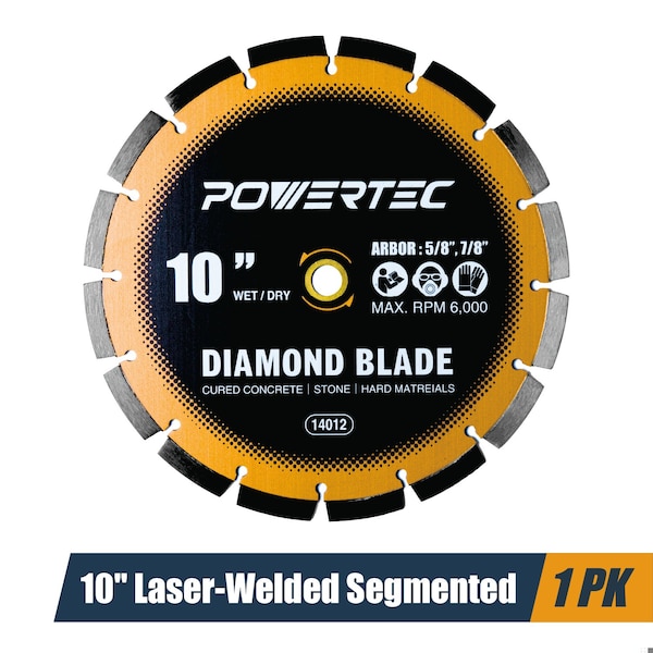 Powertec 10in Laser-Welded Segmented Diamond Saw Blade for Wet Tile Saw, Diamond Blade for Cutting 14012 - main