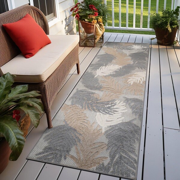 World Rug Gallery Vicenza Tropical Floral Indoor/Outdoor Runner Rug 2 ft 7 in x 12 ft Beige 8011BEIGE27X12 - main