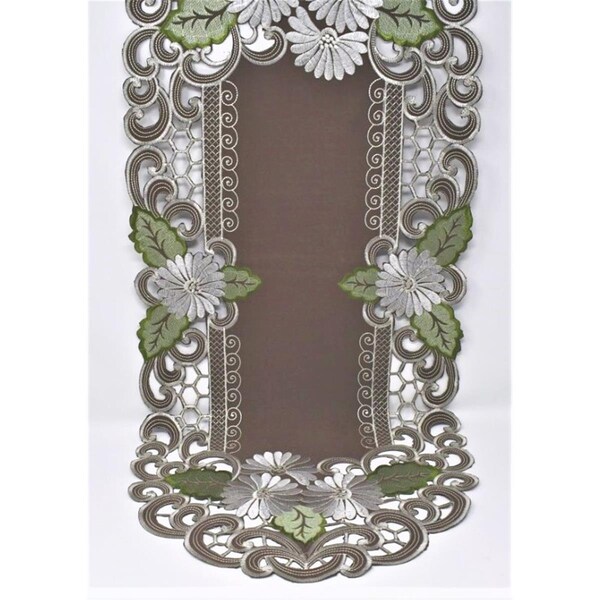 Sinobrite H8852-1-15x54 15 x 54 in. White Daisy Green Leaves on Brown Fabric Table Runner H8852/1-15x54 - main