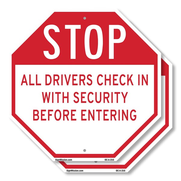 Signmission Stop All Drivers Check in With Secu, 10 inch X 10 inch, Aluminum Metal Signs, 2PK OC-A-2PACK-10-216 - main