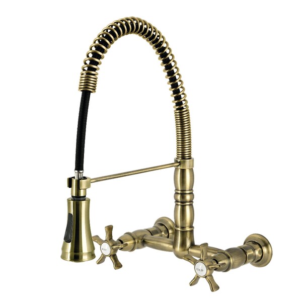 Kingston Brass Double-Handle Wall-Mount Pre-Rinse Bridge Kitchen Faucet, Antique Brass GS1243NX - main