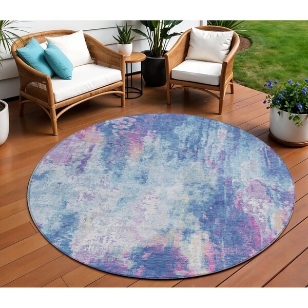Homeroots 8' Blue Peach And Sky Blue Round Abstract Washable Indoor Outdoor Area Rug 615856 - main