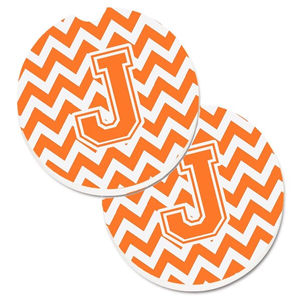Carolines Treasures Letter J Chevron Orange and White Set of 2 Cup Holder Car Coaster CJ1046-JCARC - main