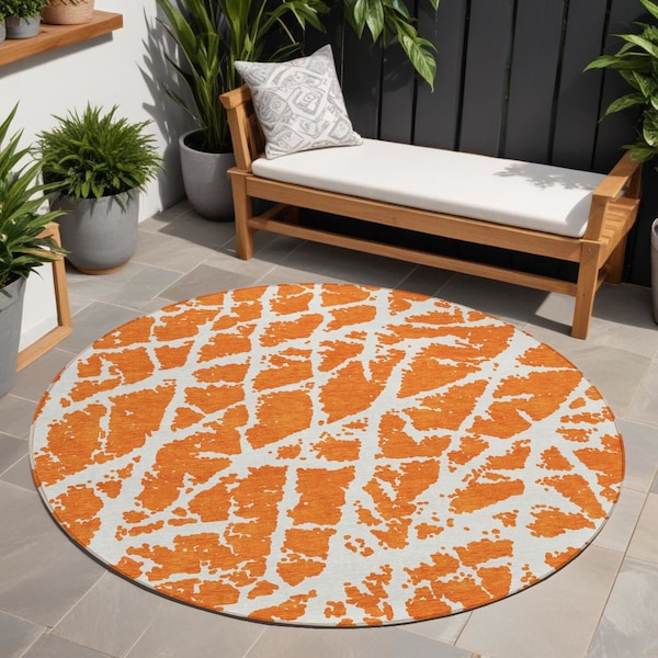 Homeroots 8' Round Orange and White Round Abstract Washable Non Skid Indoor Outdoor Area Rug 559285 - main