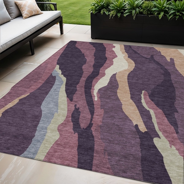 Homeroots 5' X 8' Plum Purple And Ivory Abstract Washable Indoor Outdoor Area Rug 600985 - main