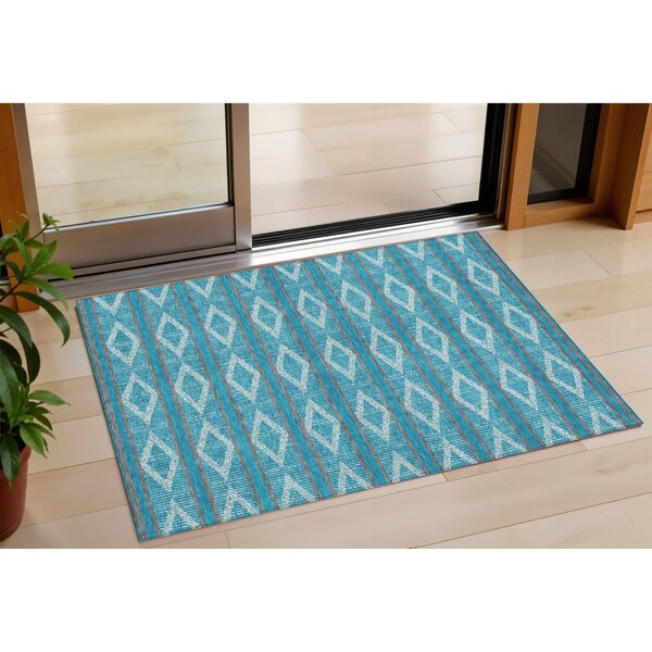 Homeroots 3' X 5' Teal Blue Gray And Ivory Geometric Washable Indoor Outdoor Area Rug 599670 - main
