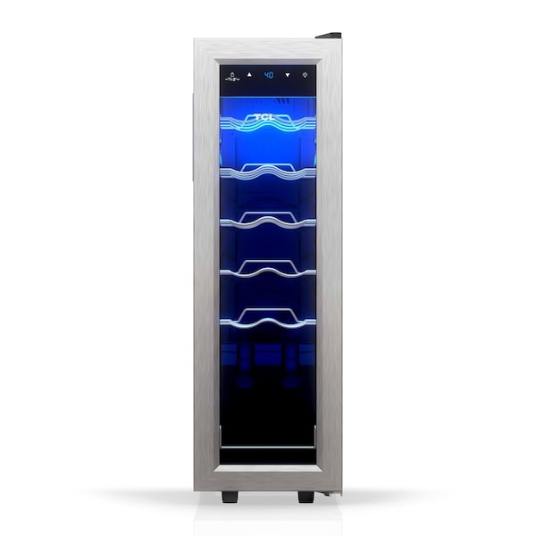 Tcl 1.24 Cu. Ft. 12-Bottle Wine Cooler, Low Noise, Digital Controls, LED Light, Glass Door, Stainless TRW12F6AS - main