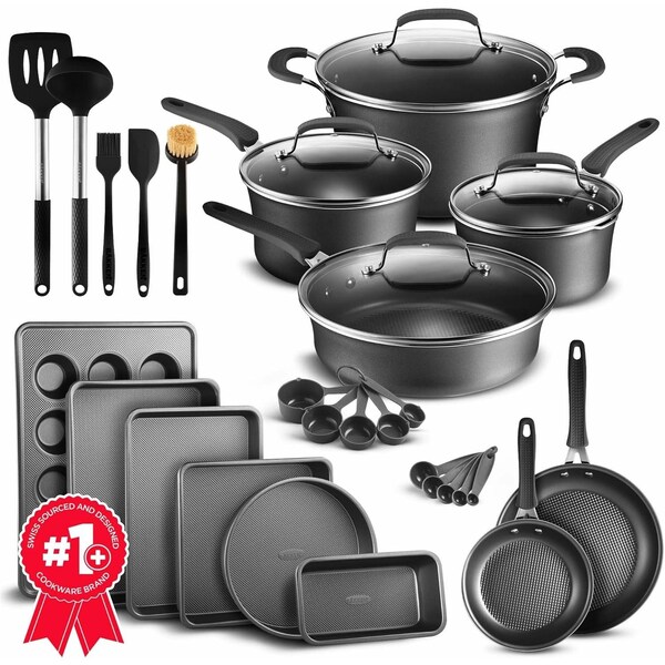 Bakken-Swiss 23Pc Cookware Set, Black Pots, Skillets, Bakeware, Reinforced Aluminum, Gas, Electric, Induction BKCWL23B - main