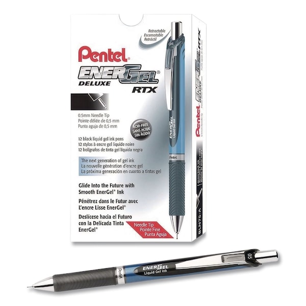 Pentel EnerGel RTX Deluxe Gel Pen, Retractable, Fine 0.5 mm, Black Ink, Black/Blue Barrel, 12PK BLN75A - main