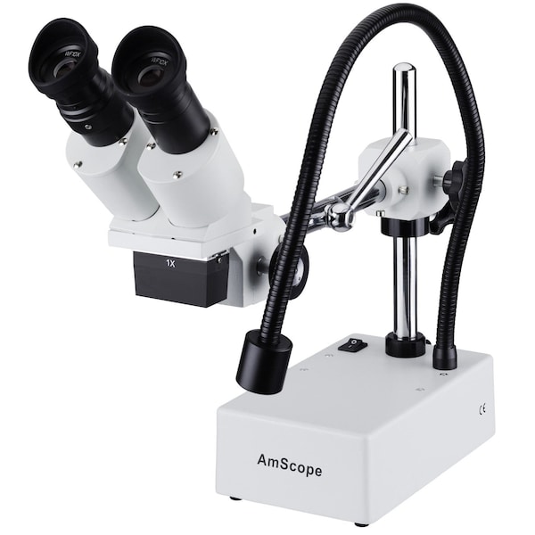 Amscope SE410 Compact Fixed-Lens Binocular Stereo Microscope 10X on Boom-Arm Stand w/Gooseneck LED Light SE410-L - main