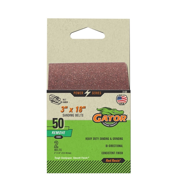 Gator Finishing Red Resin 3 x 18 in. Sanding Belt, 50 Grit, Coarse, 2PK 3169 - main