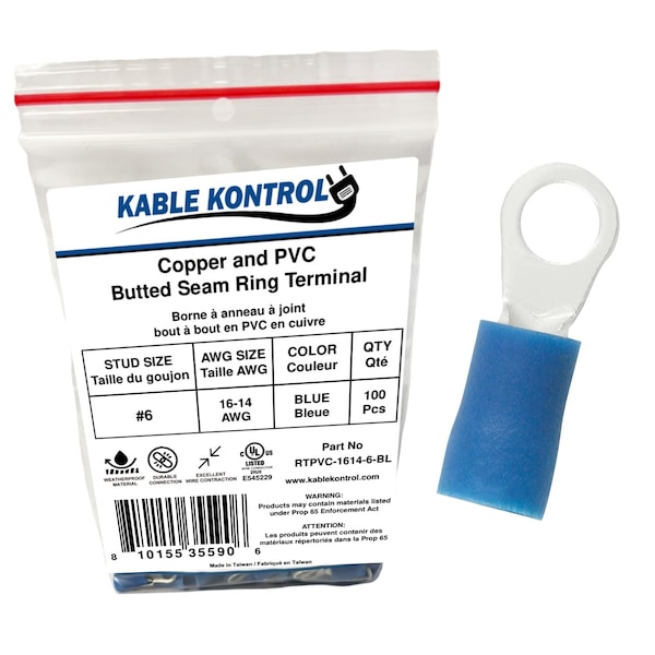 Kable Kontrol Copper and PVC Butted Seam Ring Terminal, 16-14 AWG, Stud Size # 6, Blue, 100 Pcs, 100PK RTPVC-1614-6-BL - main