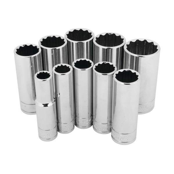 Performance Tool 10 pc. 3/8 in. Dr. Socket Set, 12pt SAE Deep Sockets, Anti-Rounding W38600 - main
