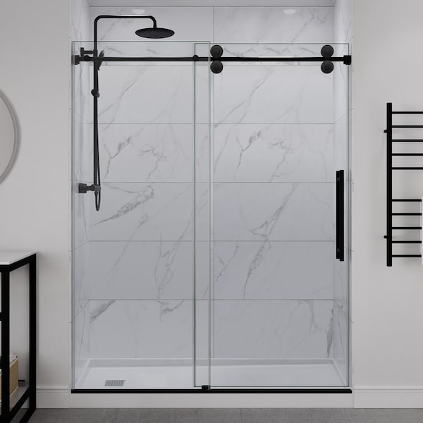 Anzzi 60in x 76in Frameless Shower Door with Sliding in Matte Black with Tsunami Tempered Clear Glass SD-FRLS06102MB - main