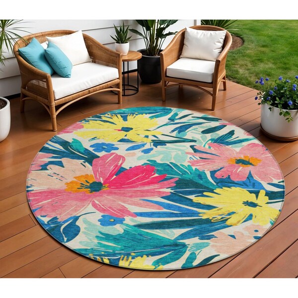 Homeroots 8' Blush And Pink Round Floral Washable Indoor Outdoor Area Rug 610975 - main