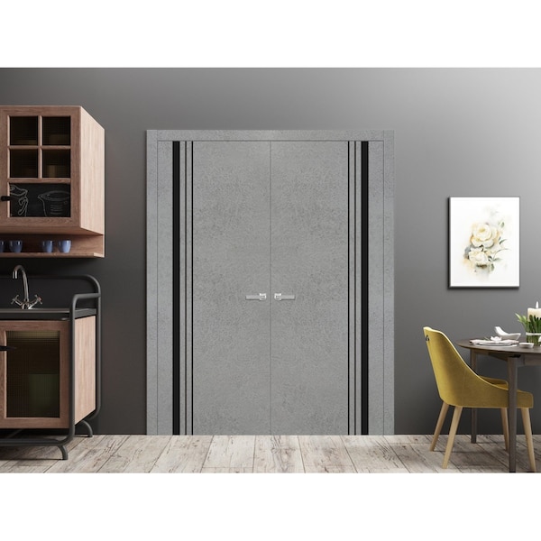 Sartodoors Planum Solid French Double Doors, Planum 0011 Concrete and Aluminum Strips, Wood Solid Panel Frame PLANUM0011DD-BTN-36 - main