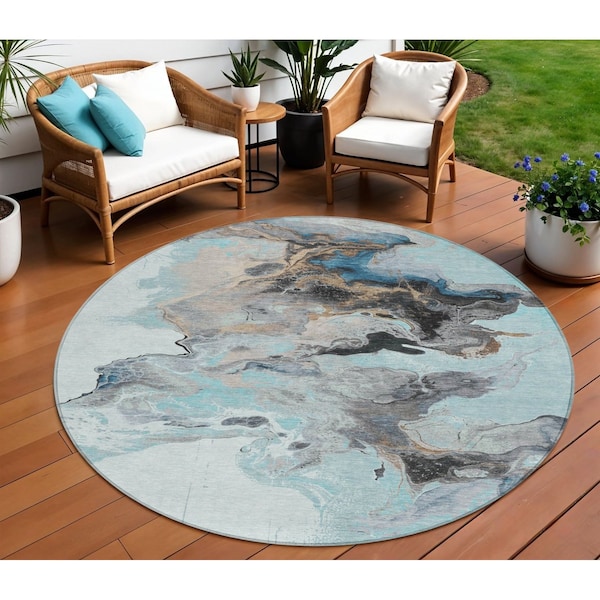 Homeroots 8' Teal Blue Gold And Gray Round Abstract Washable Indoor Outdoor Area Rug 617832 - main