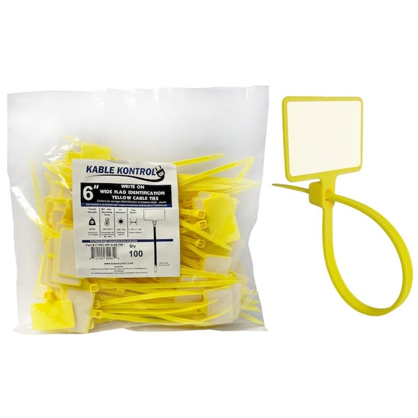Kable Kontrol Write On Zip Tie Tags, 6in L, 1-7/8in x 1-1/8in Flag Size, 100Pcs, Yellow, 100PK CTWO-WF-6-40-YW - main