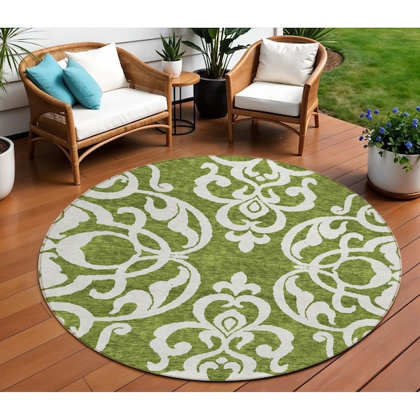 Homeroots 8' Green And Ivory Round Damask Washable Indoor Outdoor Area Rug 614427 - main