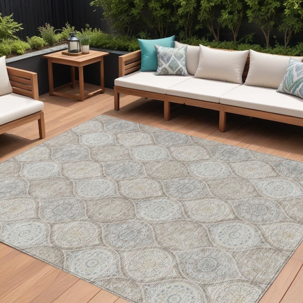 Homeroots 9' X 12' Taupe Beige And Khaki Floral Medallion Washable Indoor Outdoor Area Rug 614639 - main