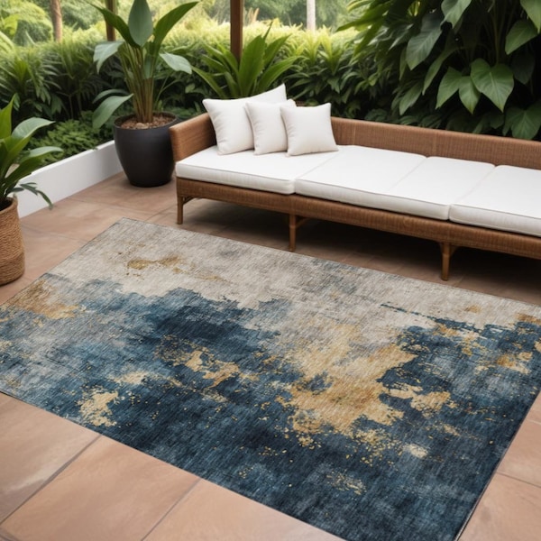 Homeroots 5' X 8' Blue Gray And Gold Abstract Washable Indoor Outdoor Area Rug 603048 - main