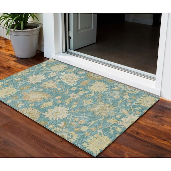Homeroots 3' X 5' Teal Blue Ivory And Green Floral Washable Indoor Outdoor Area Rug 605223 - main