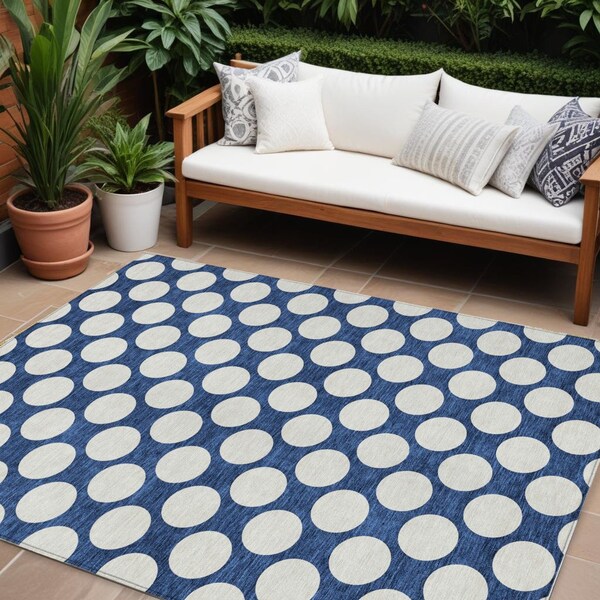 Homeroots 9' X 12' Navy Blue And Ivory Polka Dot Washable Indoor Outdoor Area Rug 595257 - main