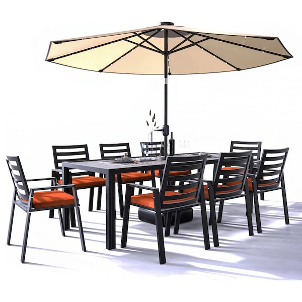 Leisuremod Chelsea Aluminum Outdoor Dining Table 87 With 8 Chairs and Cushions, Cherry Red CC20-T87BL-8CHR - main