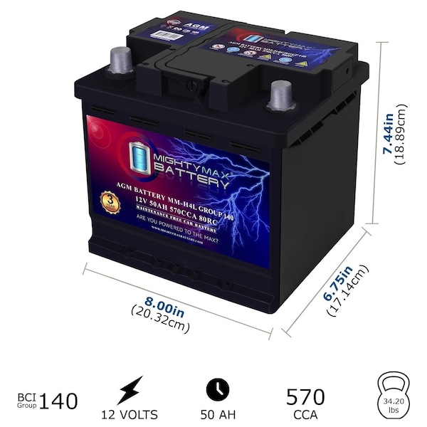 Mighty Max Battery MM-H4L Start and Stop Car BCI Group Size 140 12V 50 AH, 80RC, 570 CCA Rechargeable AGM Car Battery MAX4155827 - main