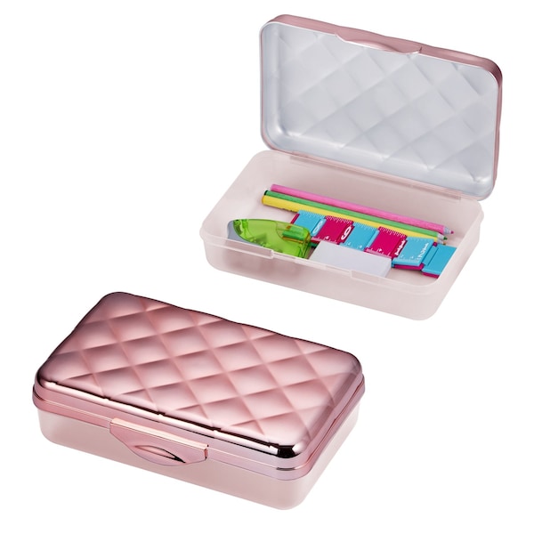 Lockermate By Bostitch Metallic Pencil Case Box, Hard Plastic, Stylish Quilted-Pattern Lid, Rose Gold 23130-RG21-DM - main