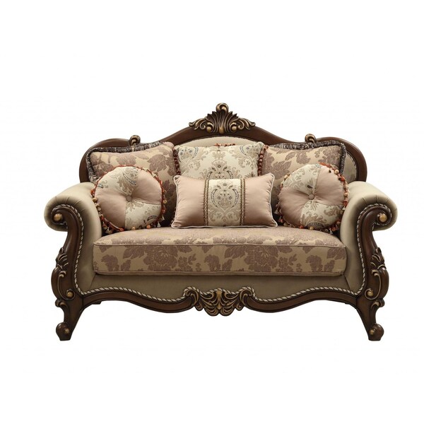 Homeroots 69in Beige and Gold And Brown Velvet Paisley Loveseat and Toss Pillows 347246 - main