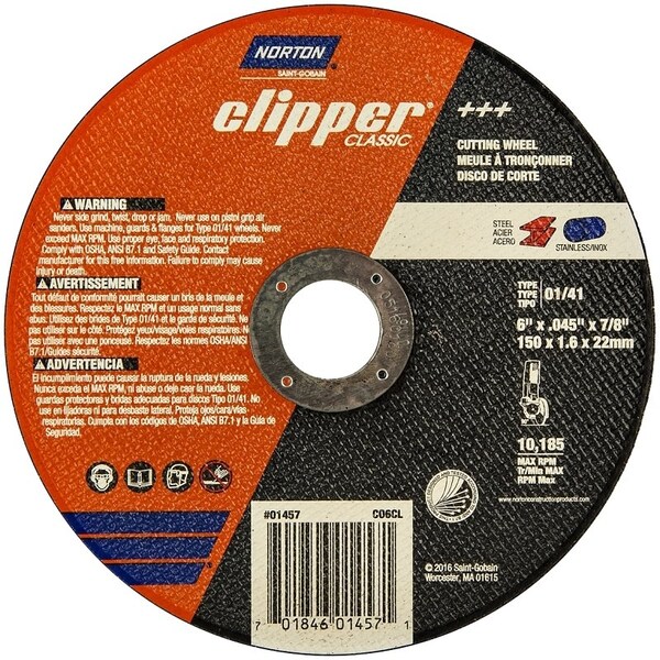 Norton Clipper Abrasive Cut-Off Wheel, Type 1, 6 in Dia, 0.045 in Thick, 7/8 in Arbor Hole Size, Aluminum Oxide 70184601457 - main