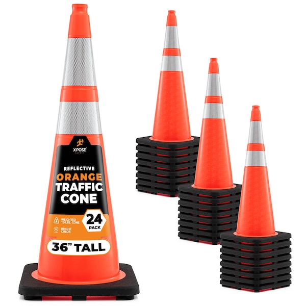 Xpose Safety Traffic Safety Cone, 36 in, PVC, Dual 6 in & 4 in Reflective Collar, Orange, 24 pk LTC18-6-24-X-S - main