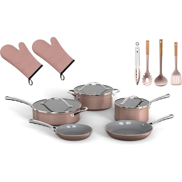 Bakkenmaster Crystal Kung Minkoff 14-Piece Ceramic Cookware Set, Nonstick, PTFE & PFAS Free BAKBRWMCRY14 - main