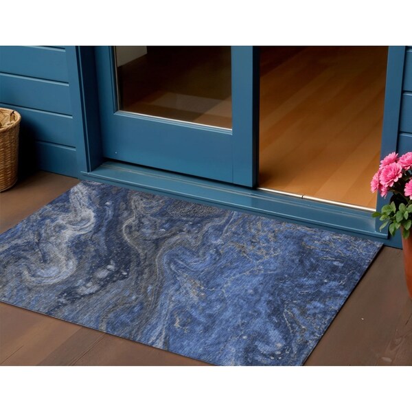 Homeroots 3' X 5' Denim Blue And Sky Blue Abstract Washable Indoor Outdoor Area Rug 577817 - main