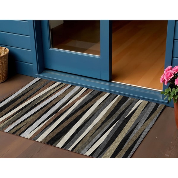 Homeroots 3' X 5' Black Brown And Ivory Striped Washable Indoor Outdoor Area Rug 597301 - main