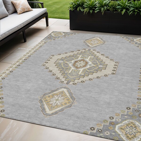 Homeroots 5' X 8' Gray Beige And Ivory Oriental Washable Indoor Outdoor Area Rug 598413 - main