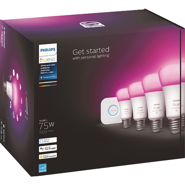 Signify Hue 4-Bulb 75W Equivalent Warm White & Color Ambiance A19 Medium Dimmable LED Light Bulb Starter Kit 563296 - main