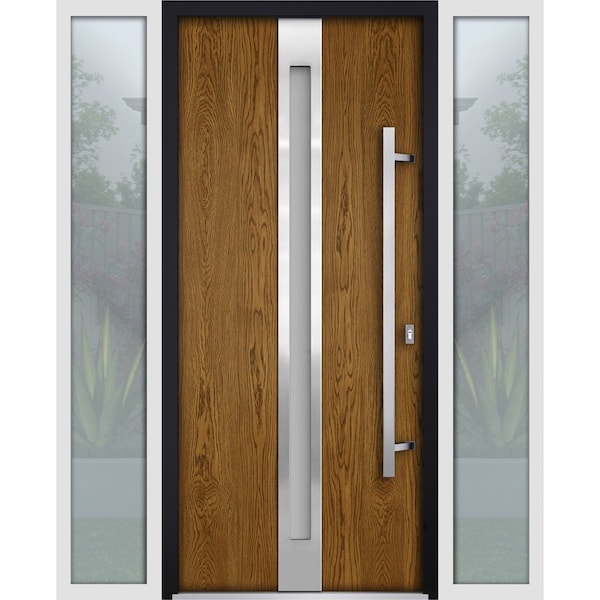 Vdomdoors Steel Door Deux 1744 Natural Oak 2 Sidelight Exterior White Windows Stainless Inserts Single Modern DEUX1744EXD-OAKW-W16+36+16 x H80-Left-hand Inswing - main
