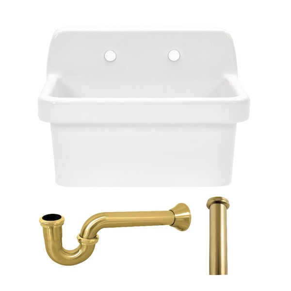 Kingston Brass 24" Ceramic Single Bowl Wall Mount Kitchen Sink with Strainer, White/Brushed Brass KGPKWS2419177 - main