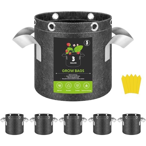 Ipower InfiniPower 3 Gallon Plant Grow Bags, 400G Thick Nonwoven Fabric Pots, 5PK GLGROWBAG3X5GRY - main